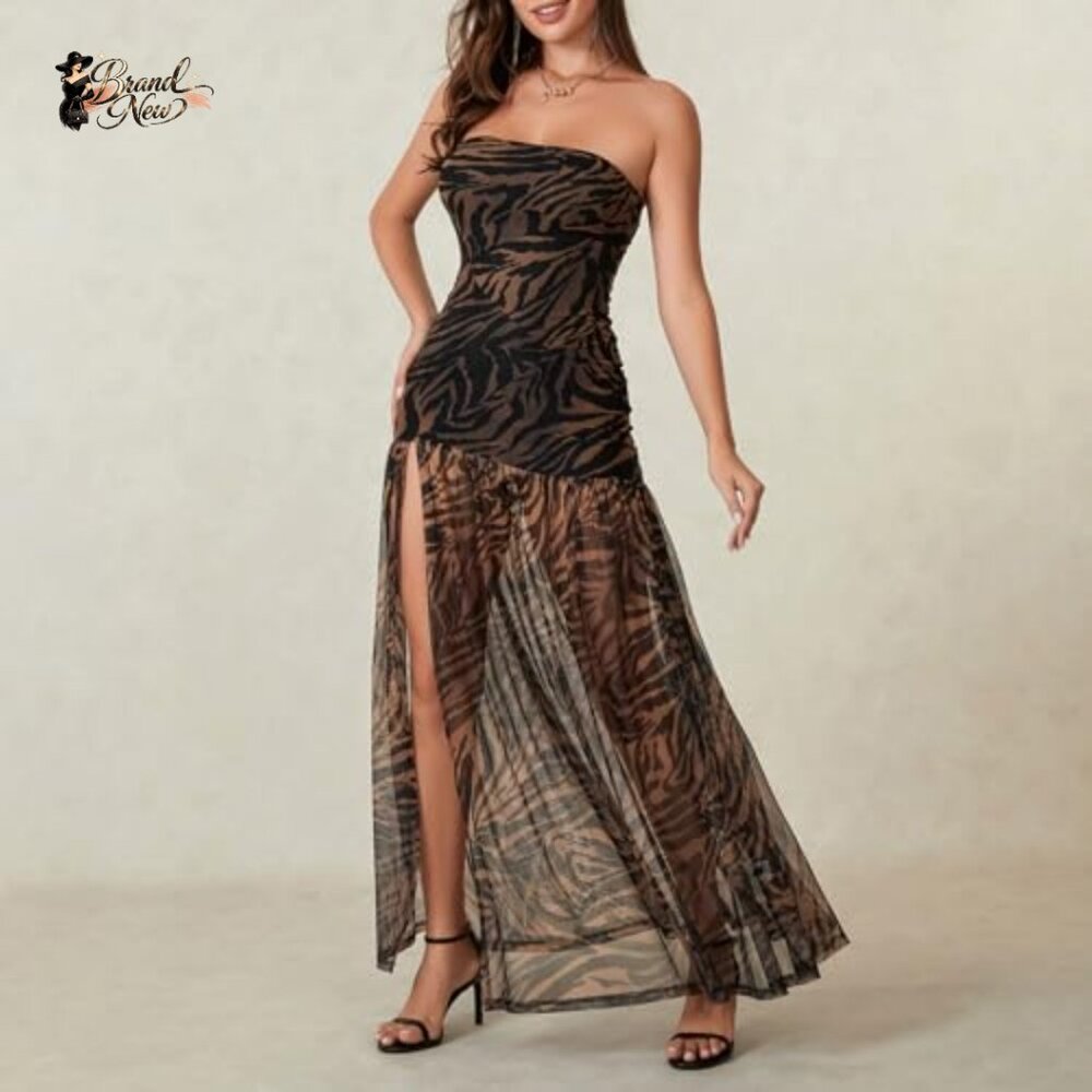 Strapless Backless Mesh Patchwork Maxi Dress With… - image 3
